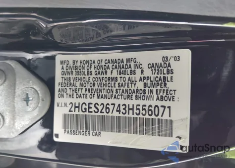 2003 Honda Civic Ex z USA, uszkodzony, nr VIN 2HGES26743H556071